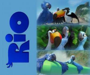 пазл Логотип Рио фильм с тремя из его героев: ара Blu, Jewel и Tucan Рафаэль